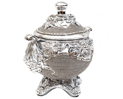 Furnings - Ambrose Chrome Plated Crystal Embellished Lidded Ceramic Bowl (9 In. x 7 In. x 9.5 In.)