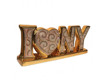 Furnings Ambrose "I Love New York" Ceramic Gold Plated Table Top in Diamond Incrustation (20-in x 4-in x 8-in)