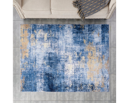 Furnings Zara Abstract Design Machine Washable Blue and Gold Area Rug - 3'L x 2'W x 1"H