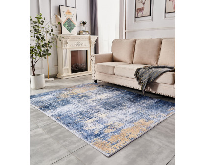 Furnings Zara Abstract Design Machine Washable Blue and Gold Area Rug - 3'L x 2'W x 1"H