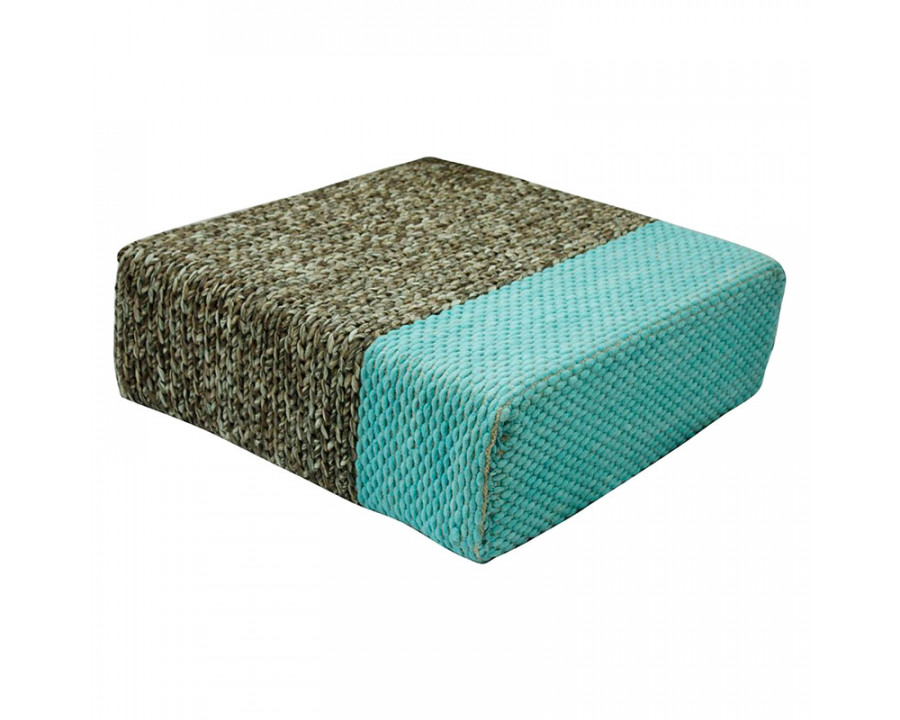 GFURN Ira Handmade Wool Braided Square Pouf - Natural/Pastel Turquoise