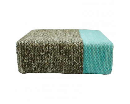 GFURN Ira Handmade Wool Braided Square Pouf - Natural/Pastel Turquoise