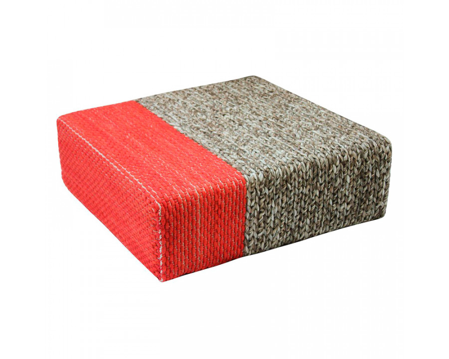 GFURN Ira Handmade Wool Braided Square Pouf - Natural/Living Coral