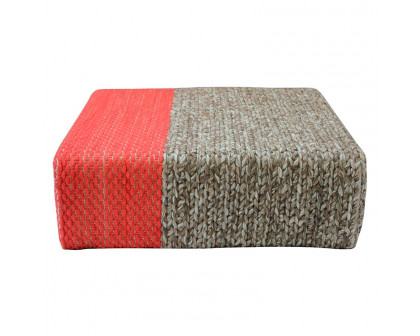 GFURN Ira Handmade Wool Braided Square Pouf - Natural/Living Coral