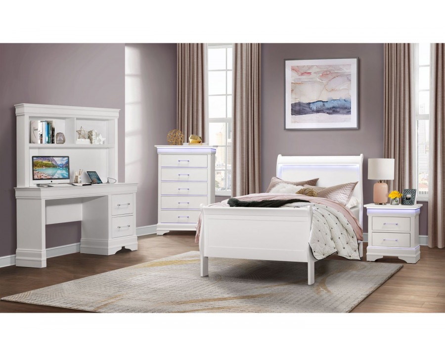 GF - Charlie White Twin Bed, Desk With Hutch, Nightstand and Chest