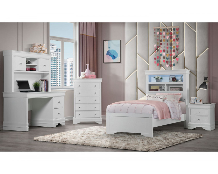 GF - Pompei White Youth Bookcase Twin Bed, Dresser, Mirror and Nightstand