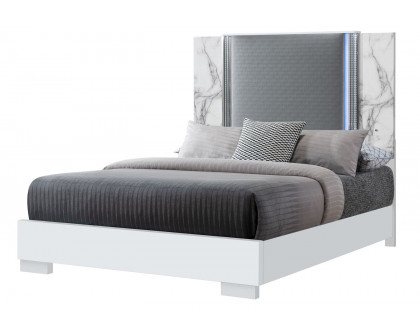 GF Ylime White Marble Queen Bed With Led