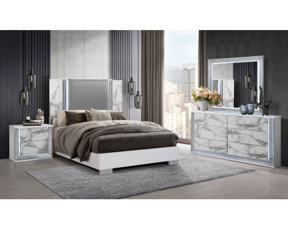 GF Ylime White Marble Queen Bed With Led