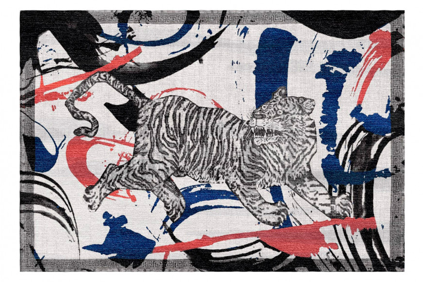 Gordian Rugs™ Contemporary Tiger Rug 2 - Black/White/Red/Blue, 5" x 8"