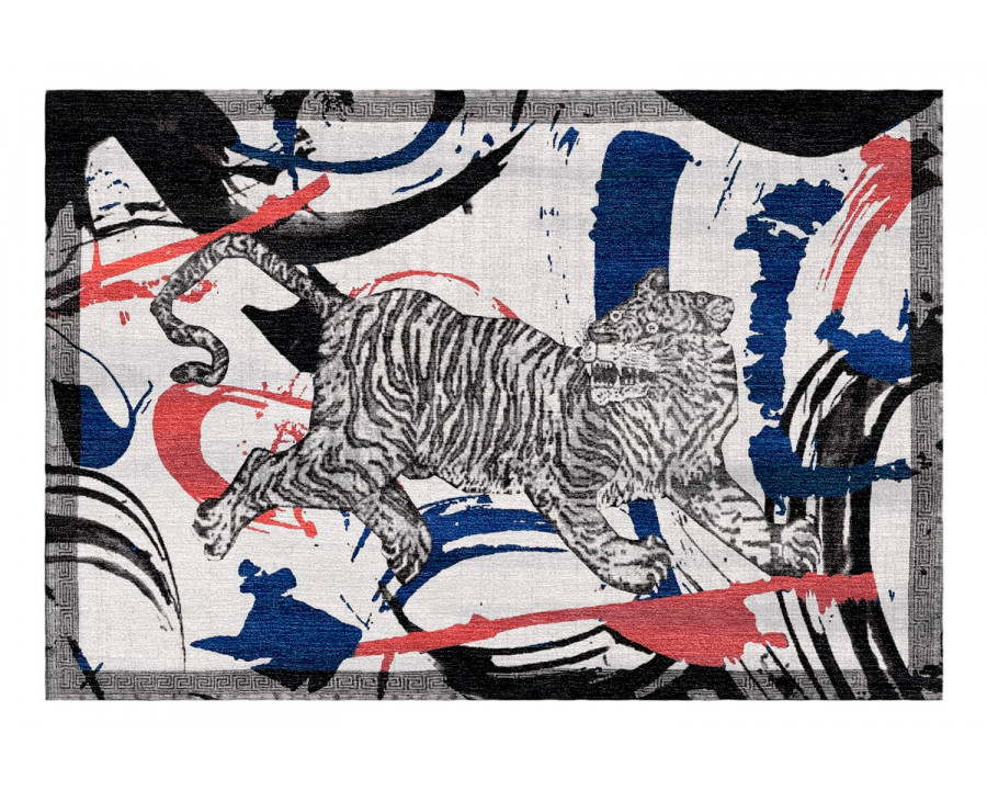 Gordian Rugs Contemporary Tiger Rug 2 - Black/White/Red/Blue, 5" x 8"