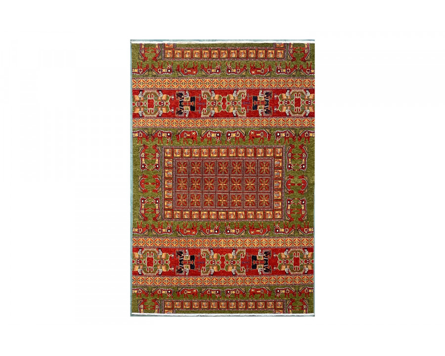 Gordian Rugs Pazyryk Modern Rug 2 - Green/Red/Beige, 4" x 6"