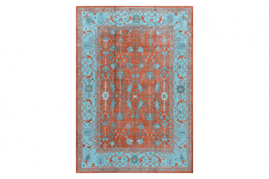 Gordian Rugs™ Modern Oushak 5 Rug - Dark Salmon/Deep Sky Blue, 4" x 6"