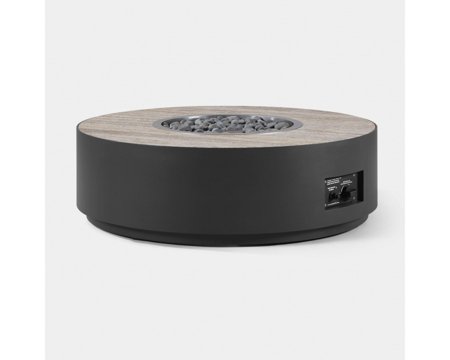 Harbour Antigua Round Fire Table - Aluminum Asteroid, Travertine Dark Gray