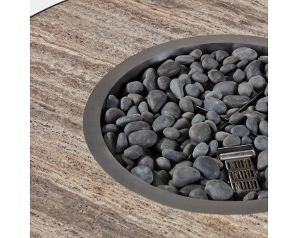 Harbour Antigua Round Fire Table - Aluminum Asteroid, Travertine Dark Gray