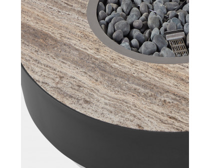 Harbour Antigua Round Fire Table - Aluminum Asteroid, Travertine Dark Gray