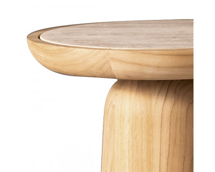 Harbour Nova Teak Round Side Table - Teak Natural, Travertine Cream