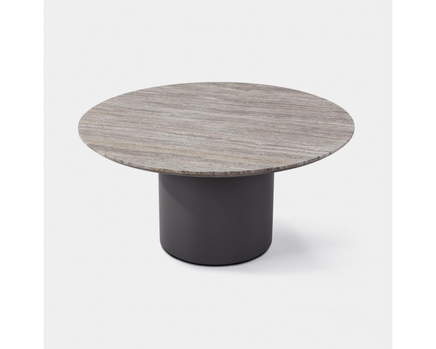 Harbour Santorini Outdoor Stone Round Dining Table 60" - Aluminum Asteroid, Travertine Dark Gray