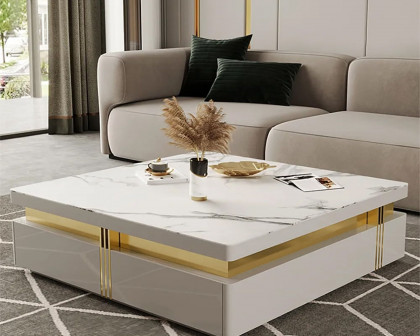 HMR Trimied Modern Square Storage Coffee Table Stone Top with 4 Wood Drawers