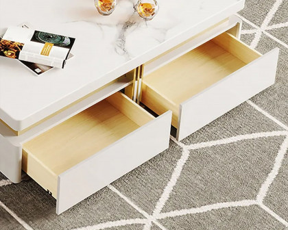 HMR Trimied Modern Square Storage Coffee Table Stone Top with 4 Wood Drawers - White, 43"