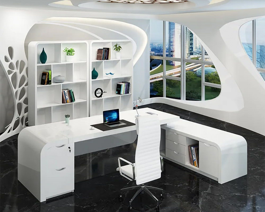 HMR Chicent L-shaped Modern Executive Desk with Ample Storage - White, 55.1"L x 63.0"W x 29.9"H, Right Hand