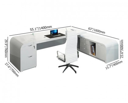 HMR Chicent L-shaped Modern Executive Desk with Ample Storage - White, 55.1"L x 63.0"W x 29.9"H, Right Hand