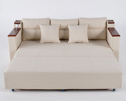 HMR 83" King 3-Seater Sleeper Sofa with Trundle & USB Port - Beige, Linen