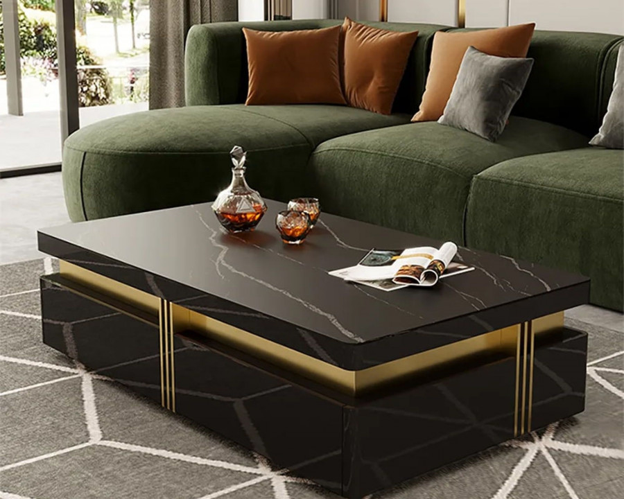 HMR Trimied Modern Wood Coffee Table with Storage Center Table with Stainless Steel Base