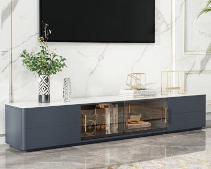 HMR Modern Wood Rectangle TV Stand Sintered Stone Top 4-Drawer Glass Doors Media Console - Dark Gray, Large