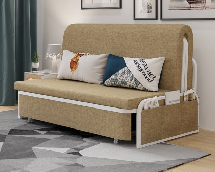 HMR Modern 2-Seater Linen Sleeper Sofa with Trundle - Khaki, Queen Size