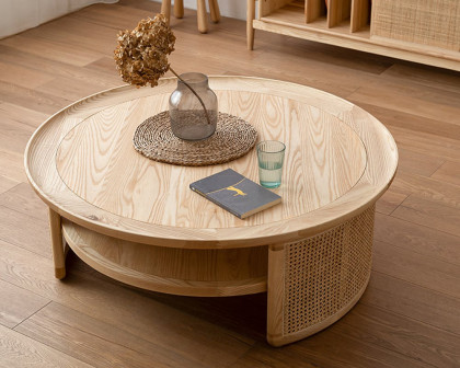 HMR - 2-Tiered Japandi Round Wood Coffee Table with Rattan Base