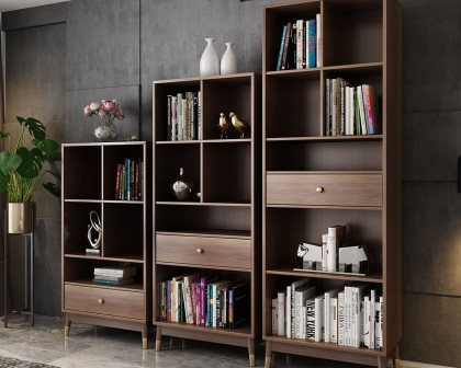 HMR Ultic Modern Walnut Bookshelf Bookcase with Metal Frame and Drawer