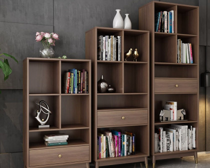 HMR Ultic Modern Walnut Bookshelf Bookcase with Metal Frame and Drawer - 78"