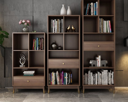 HMR Ultic Modern Walnut Bookshelf Bookcase with Metal Frame and Drawer - 78"