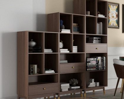 HMR Ultic Modern Walnut Bookshelf Bookcase with Metal Frame and Drawer - 78"