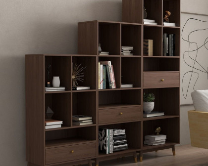 HMR Ultic Modern Walnut Bookshelf Bookcase with Metal Frame and Drawer - 78"