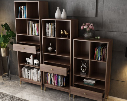 HMR Ultic Modern Walnut Bookshelf Bookcase with Metal Frame and Drawer - 78"