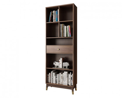 HMR Ultic Modern Walnut Bookshelf Bookcase with Metal Frame and Drawer - 78"