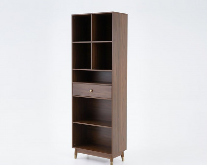 HMR Ultic Modern Walnut Bookshelf Bookcase with Metal Frame and Drawer - 78"