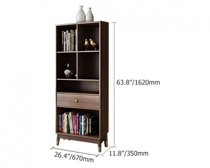 HMR Ultic Modern Walnut Bookshelf Bookcase with Metal Frame and Drawer - 63.8"