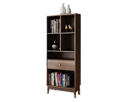 HMR Ultic Modern Walnut Bookshelf Bookcase with Metal Frame and Drawer - 63.8"