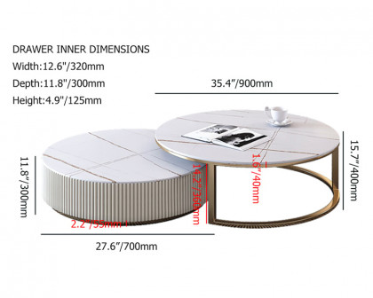 HMR Round 2-Piece Sintered Stone Top Nesting Coffee Table with Drawer - White/Gold