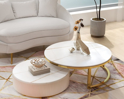 HMR Round 2-Piece Sintered Stone Top Nesting Coffee Table with Drawer - White/Gold