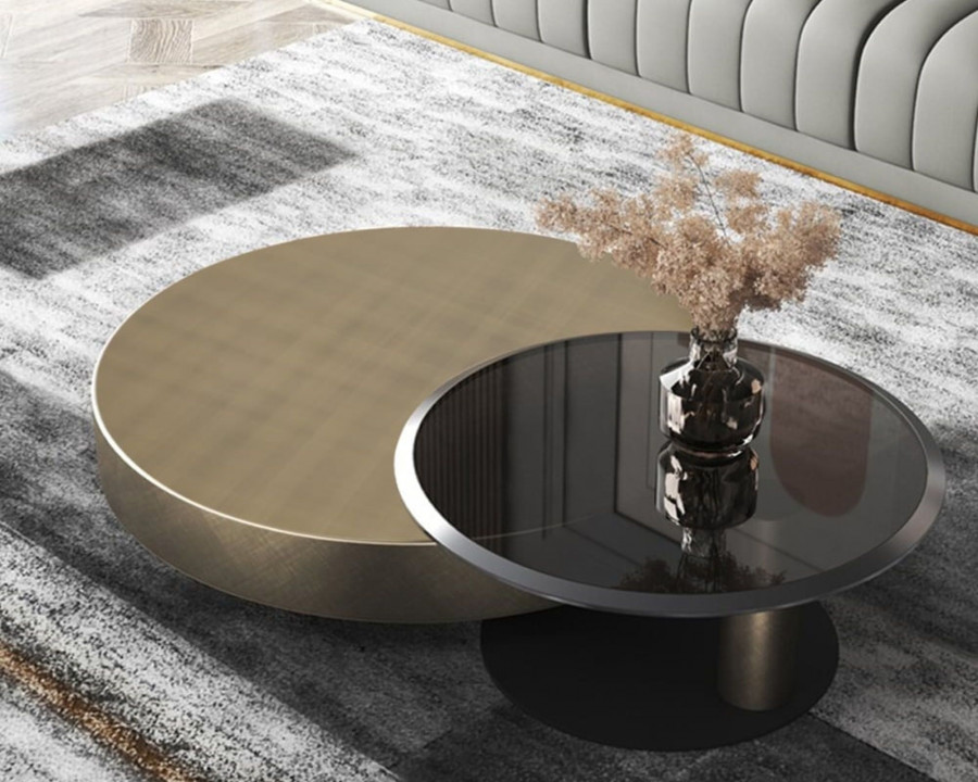 HMR Modern 2-Piece Round Nesting Coffee Table Set with Tempered Glass Top - Gold/Black, 35.4"