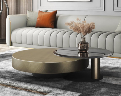 HMR Modern 2-Piece Round Nesting Coffee Table Set with Tempered Glass Top - Gold/Black, 35.4"