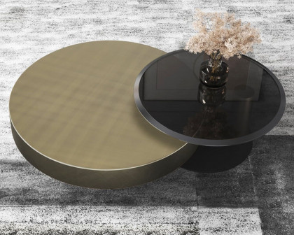 HMR Modern 2-Piece Round Nesting Coffee Table Set with Tempered Glass Top - Gold/Black, 31.5"