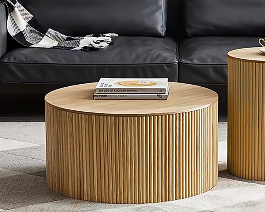 HMR Round Wood Coffee Table with Storage - Natural, Large