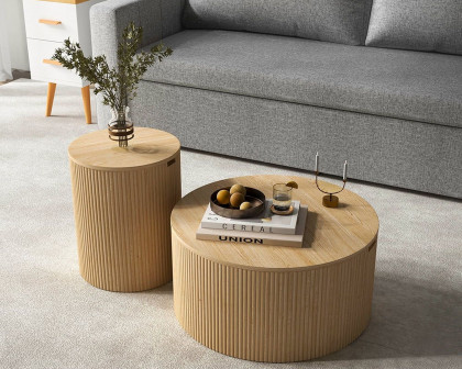 HMR Round Wood Coffee Table with Storage - Natural, Large