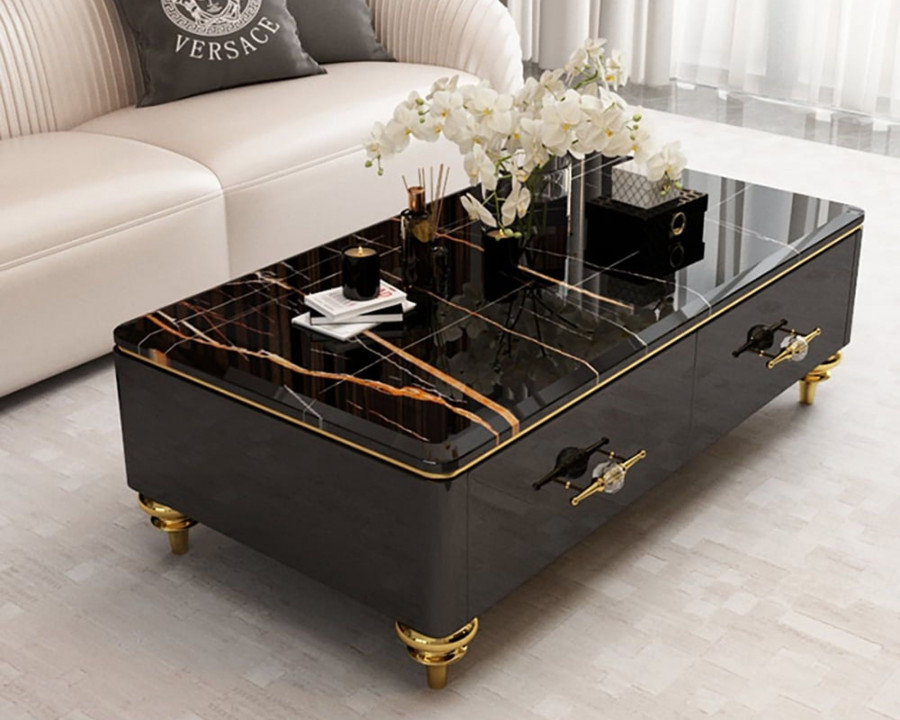 HMR Chift 51" Modern Marble Coffee Table & Storage Drawers Gold Stainless Steel Legs