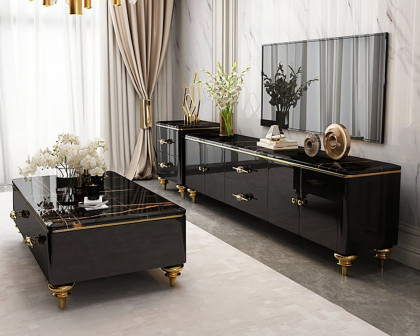 HMR Chift 51" Modern Marble Coffee Table & Storage Drawers Gold Stainless Steel Legs - Black