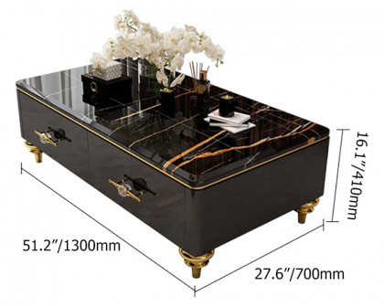 HMR Chift 51" Modern Marble Coffee Table & Storage Drawers Gold Stainless Steel Legs - Black